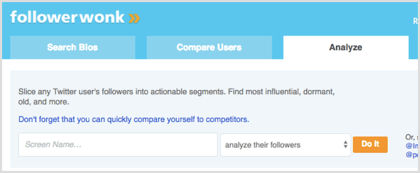 FollowerWonk meklēšana, lai analizētu Twitter lietotāja sekotājus